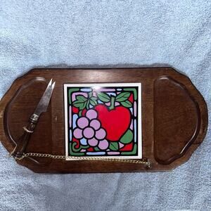 Vintage Charcuterie Board Cheese Platter with Knife Oval Wood Tray MCM Retro